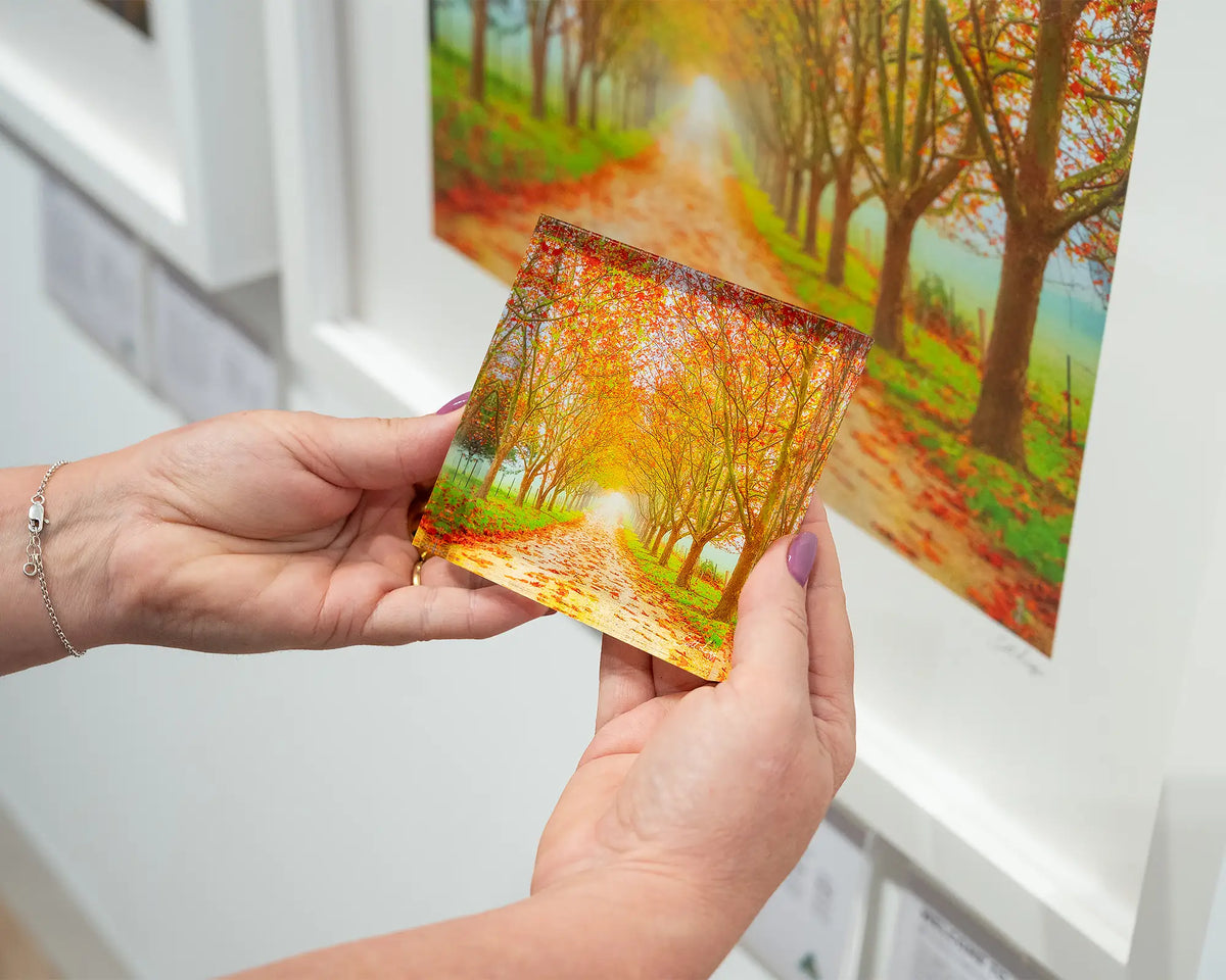 Welcome To Autumn. Acrylic block of autumn tree lined road, held in hands with a framed print behind.