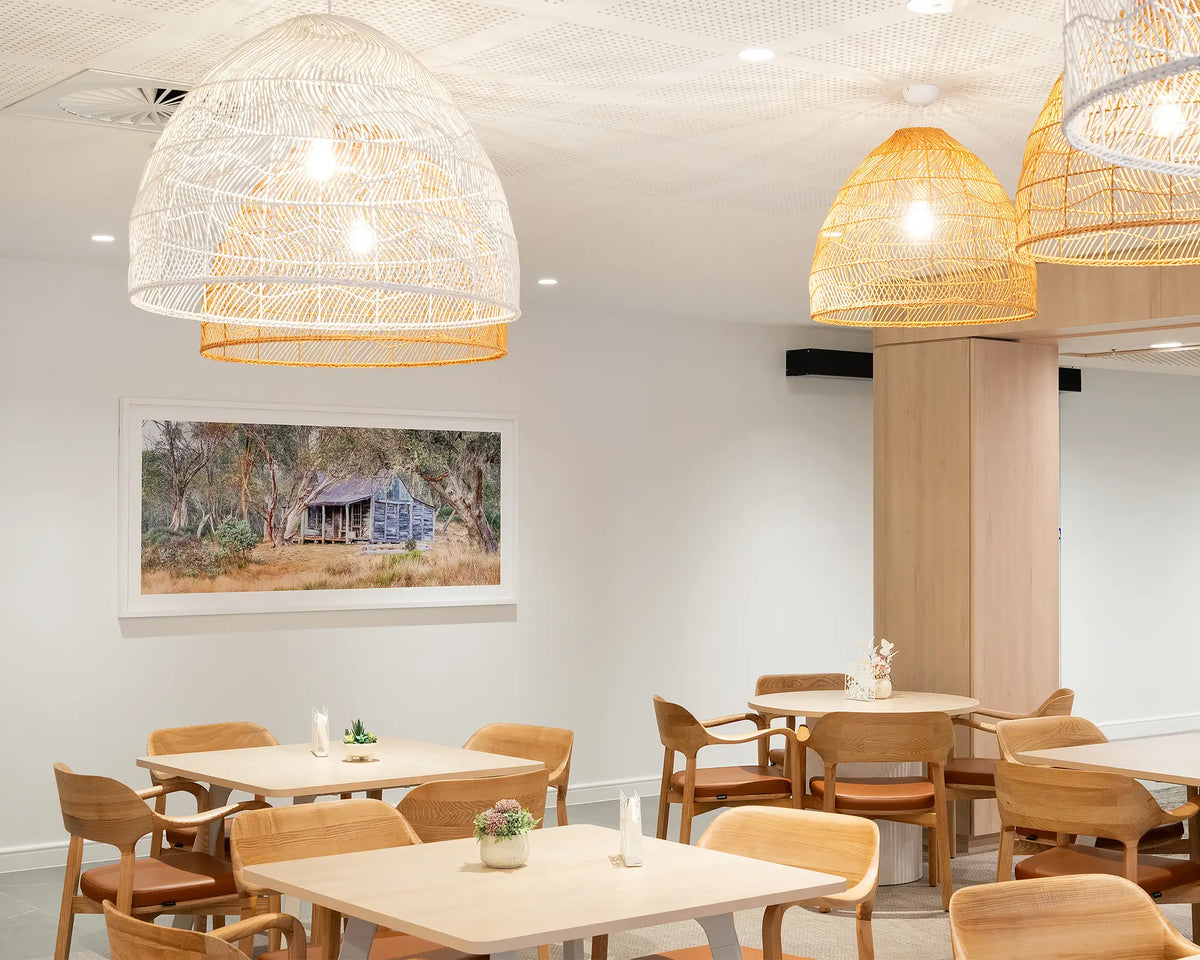 Wheelers Legacy. Wheelers Hut, Jagungal wilderness, Kosciuszko National Park, wall art with white frame hung in restaurant.
