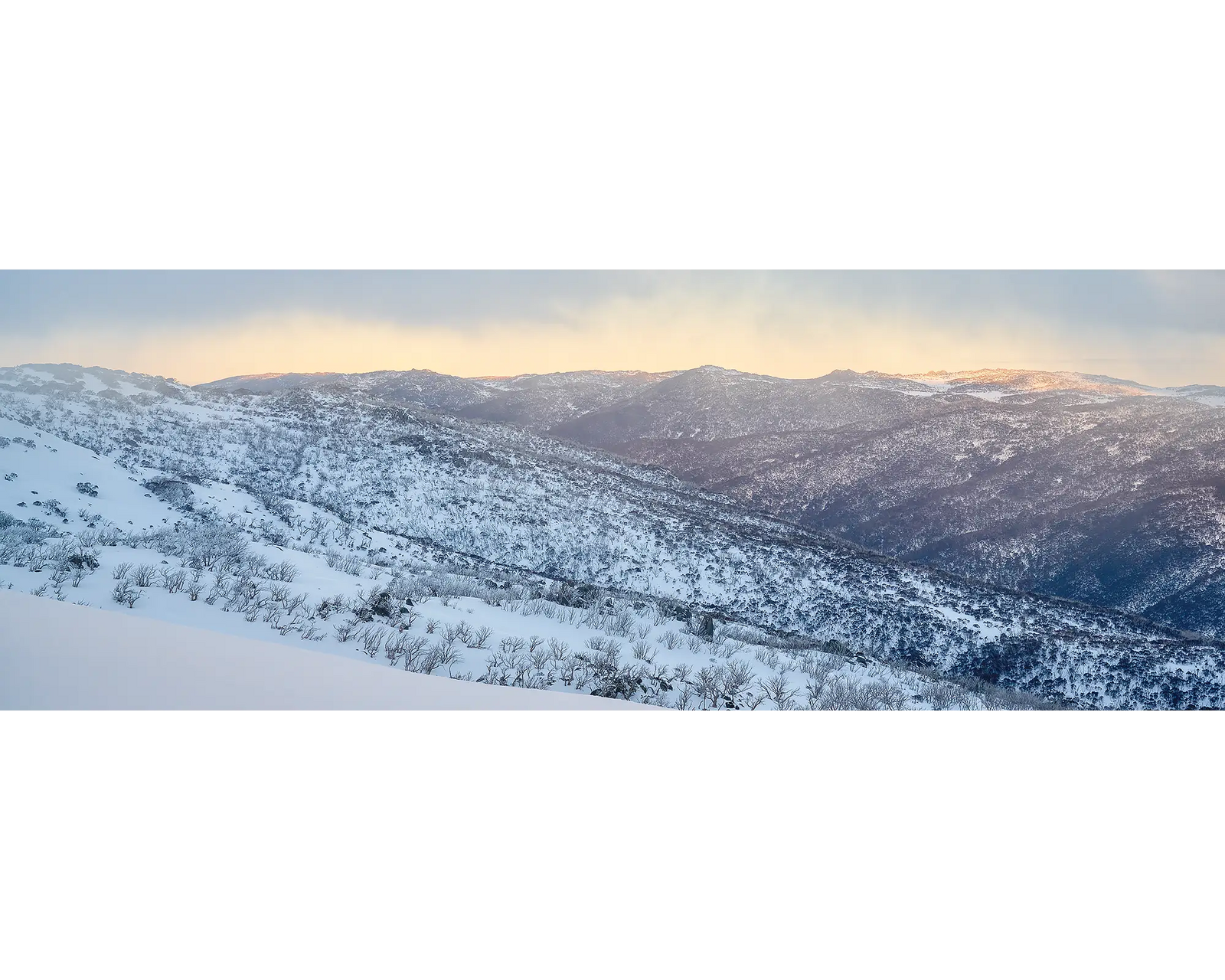 Whispers Of Winter. Thredbo Valley covered in snow at sunset, Kosciuszko National Park.