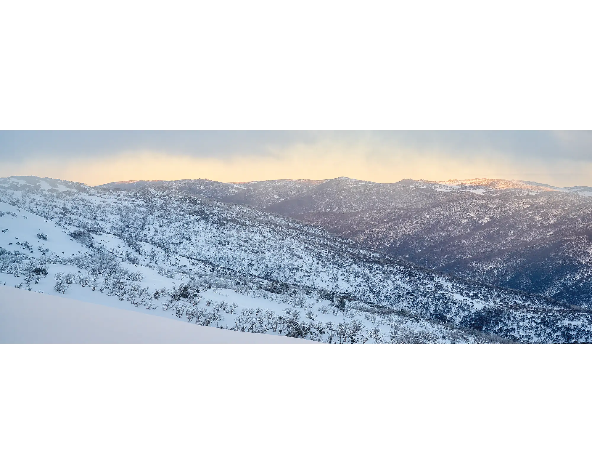 Whispers Of Winter. Thredbo Valley covered in snow at sunset, Kosciuszko National Park.