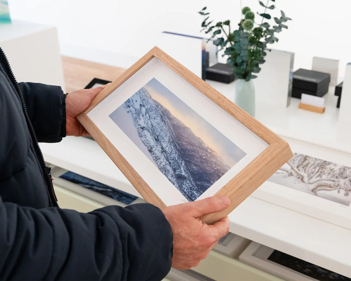 Whispers Of Winter. Thredbo Valley covered in snow with timber frame, hand held in gallery.