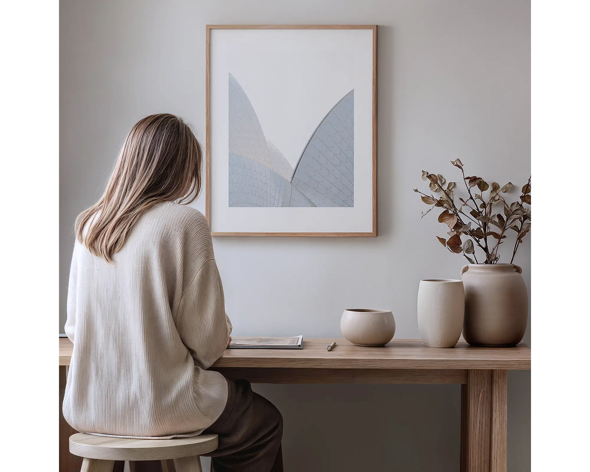 White on White. Sydney Opera House photography artwork with a timber frame, hung in a study nook. 