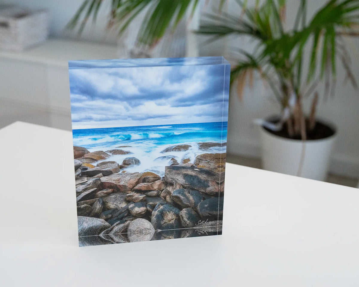 Wild West. Acrylic block of Redgate Leeuwin Naturaliste National Park, Western Australia, styled in a coastal home.