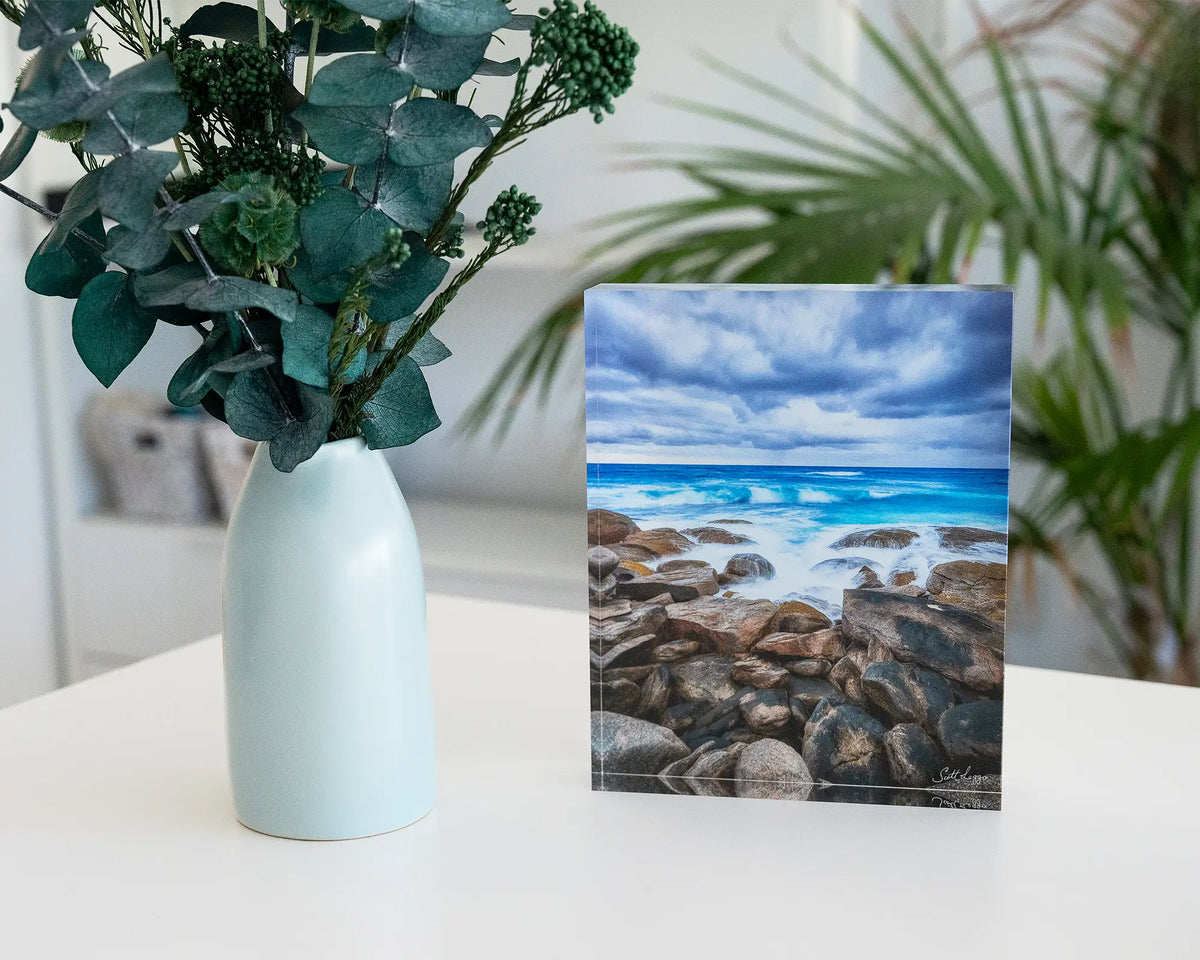 Wild West. Acrylic block of Redgate Leeuwin Naturaliste National Park, Western Australia, styled with a vase in a coastal home.