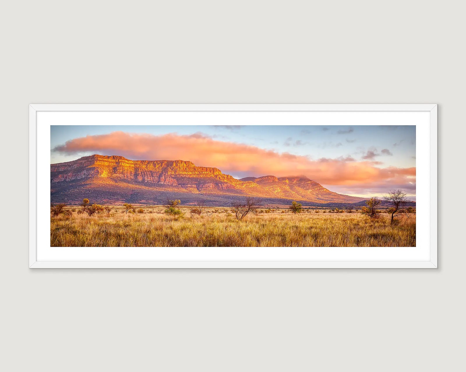 Framed landscape print of Wilpena Pound with a sunset sky.