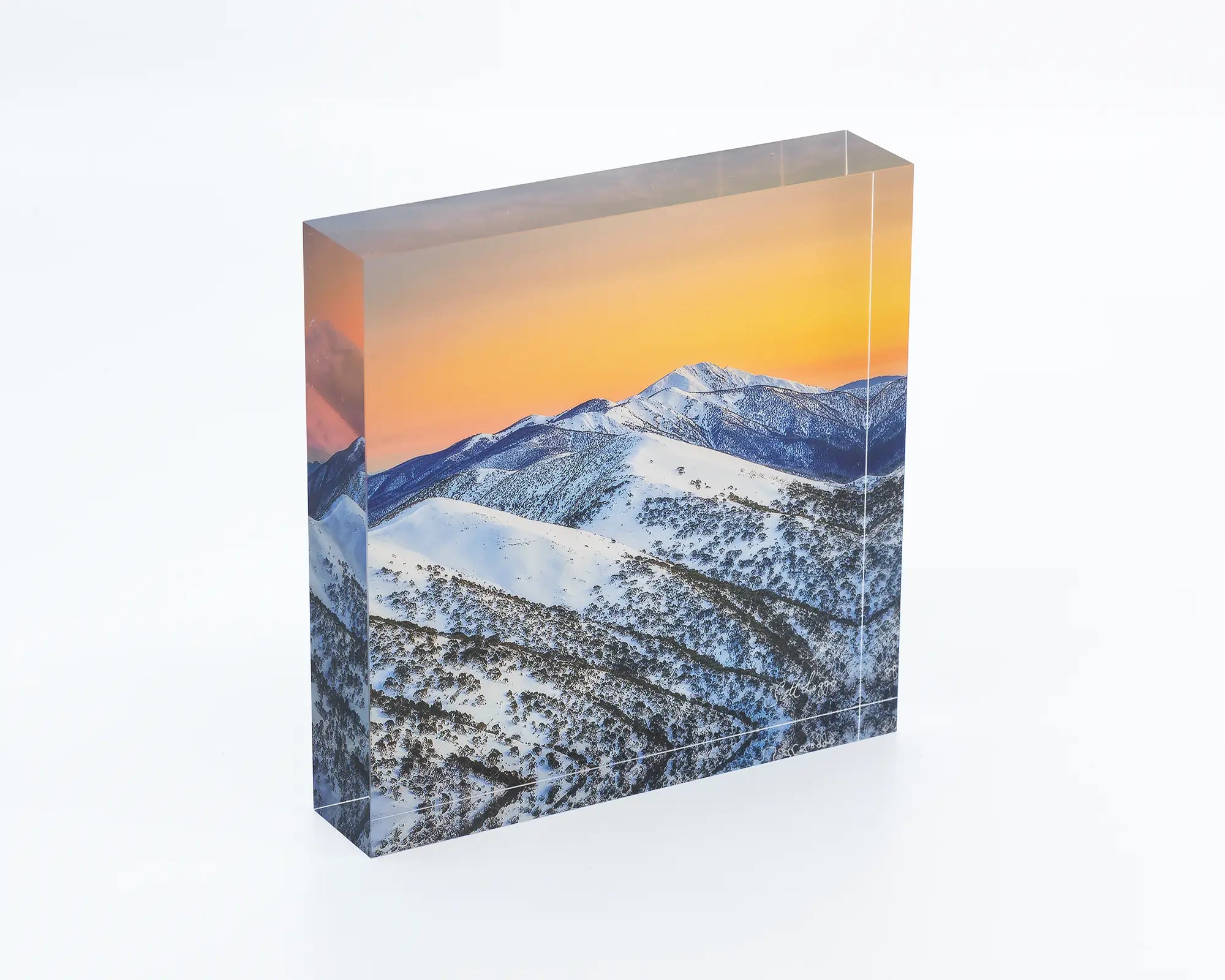 Winter Glow acrylic block. Winter alpine sunrise, Mount Feathertop.