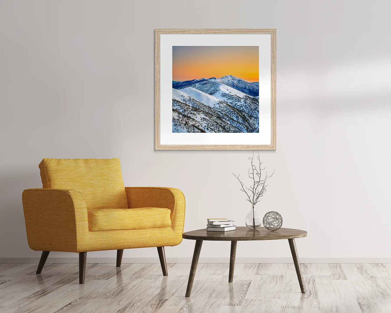 Framed photograph of a snow covered Mt Feathertop with a sunset sky.