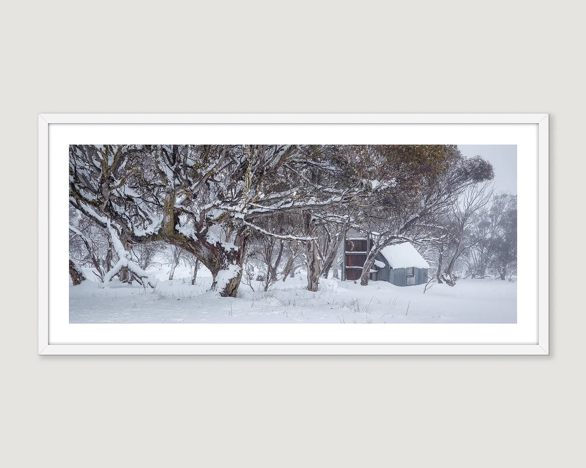 Framed photograph of a hut and snow gums covered in snow.