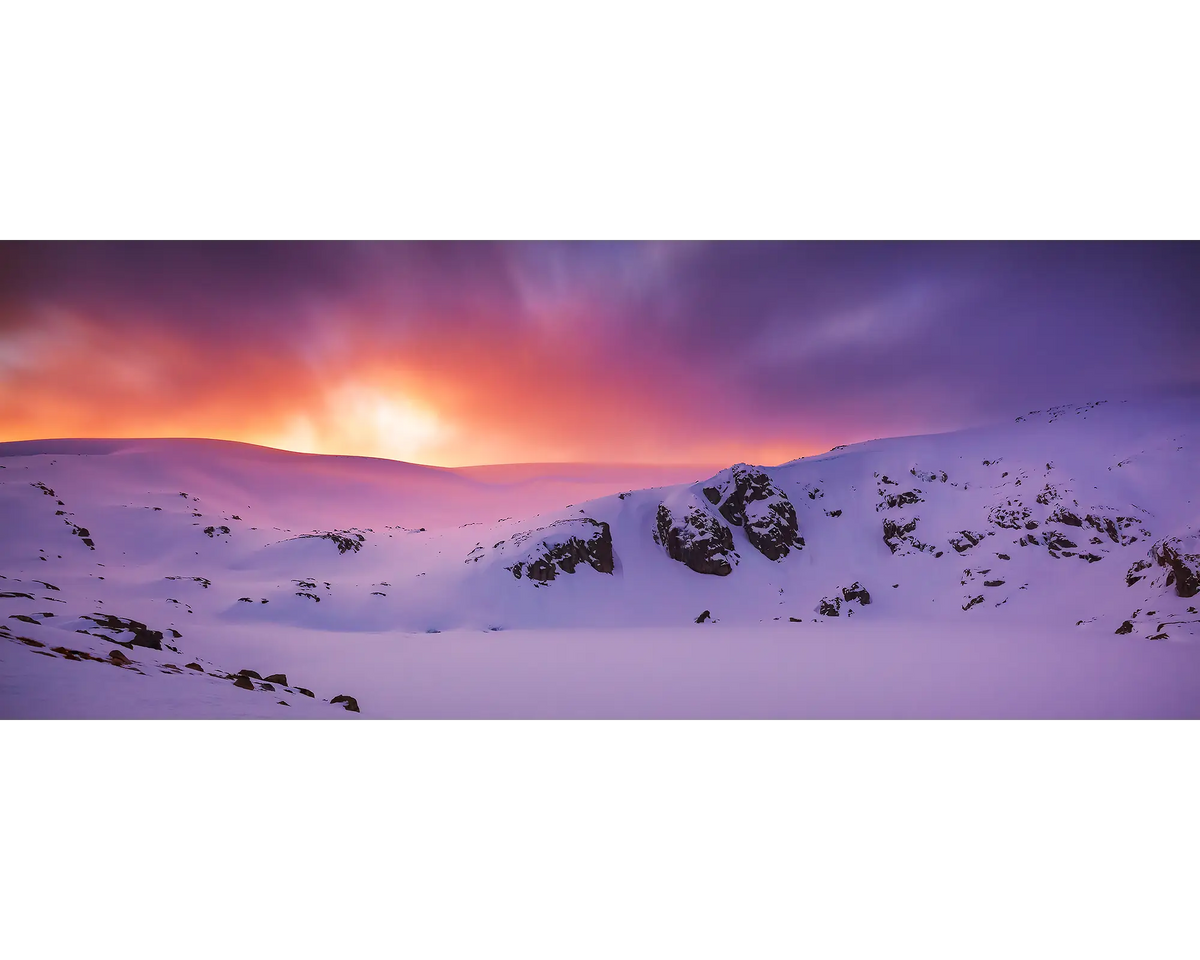 Winter Magic. Sunset over Blue Lake covered in snow, Kosciuszko National Park.