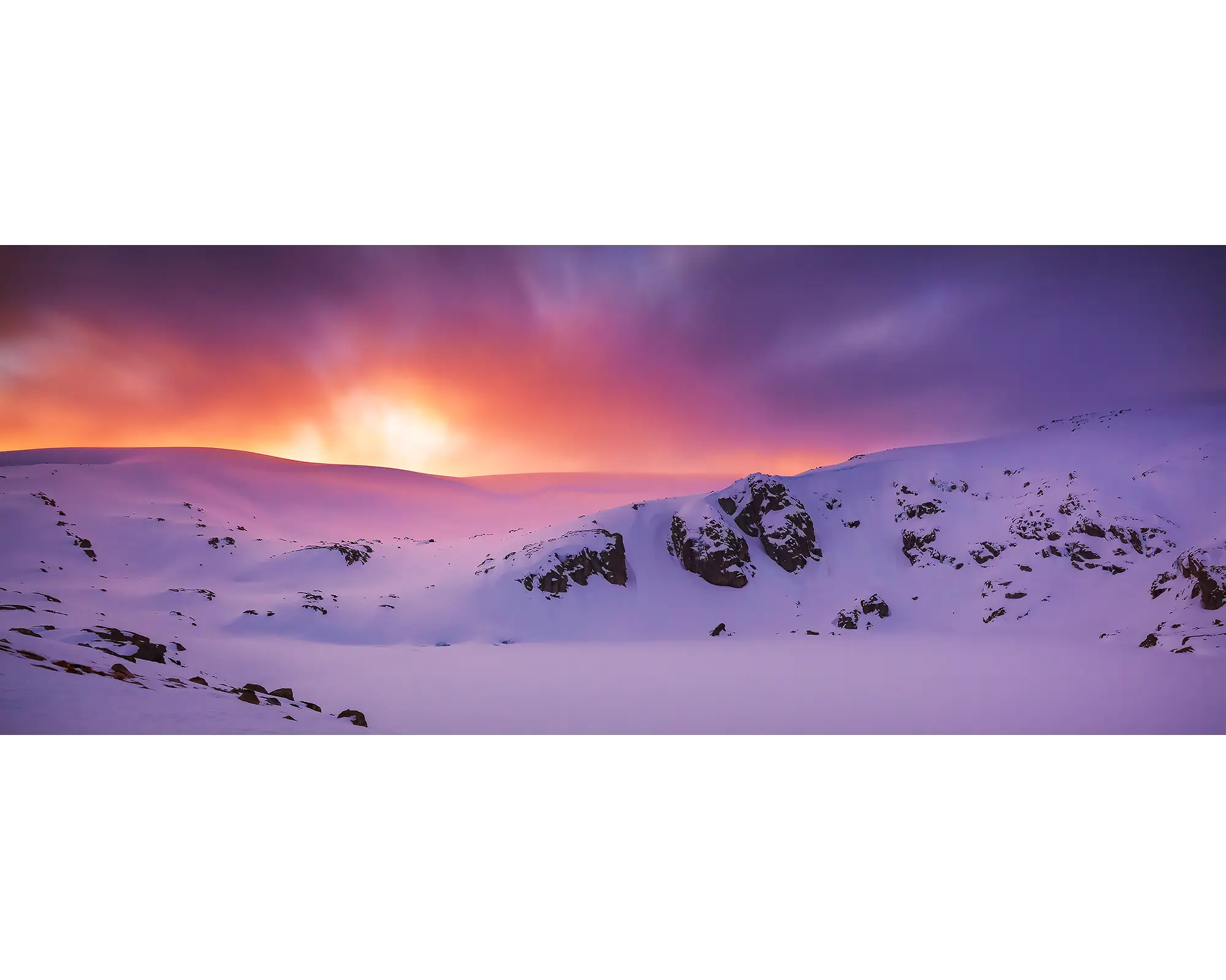 Winter Magic. Sunset over Blue Lake covered in snow, Kosciuszko National Park.