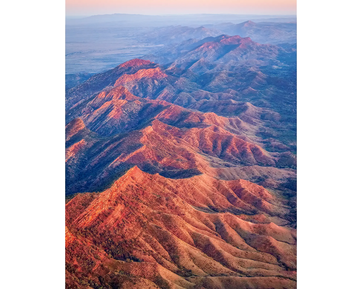 Wrinkles - Aerial view of mountain range at sunrise, Flinders Ranges, South Australia.