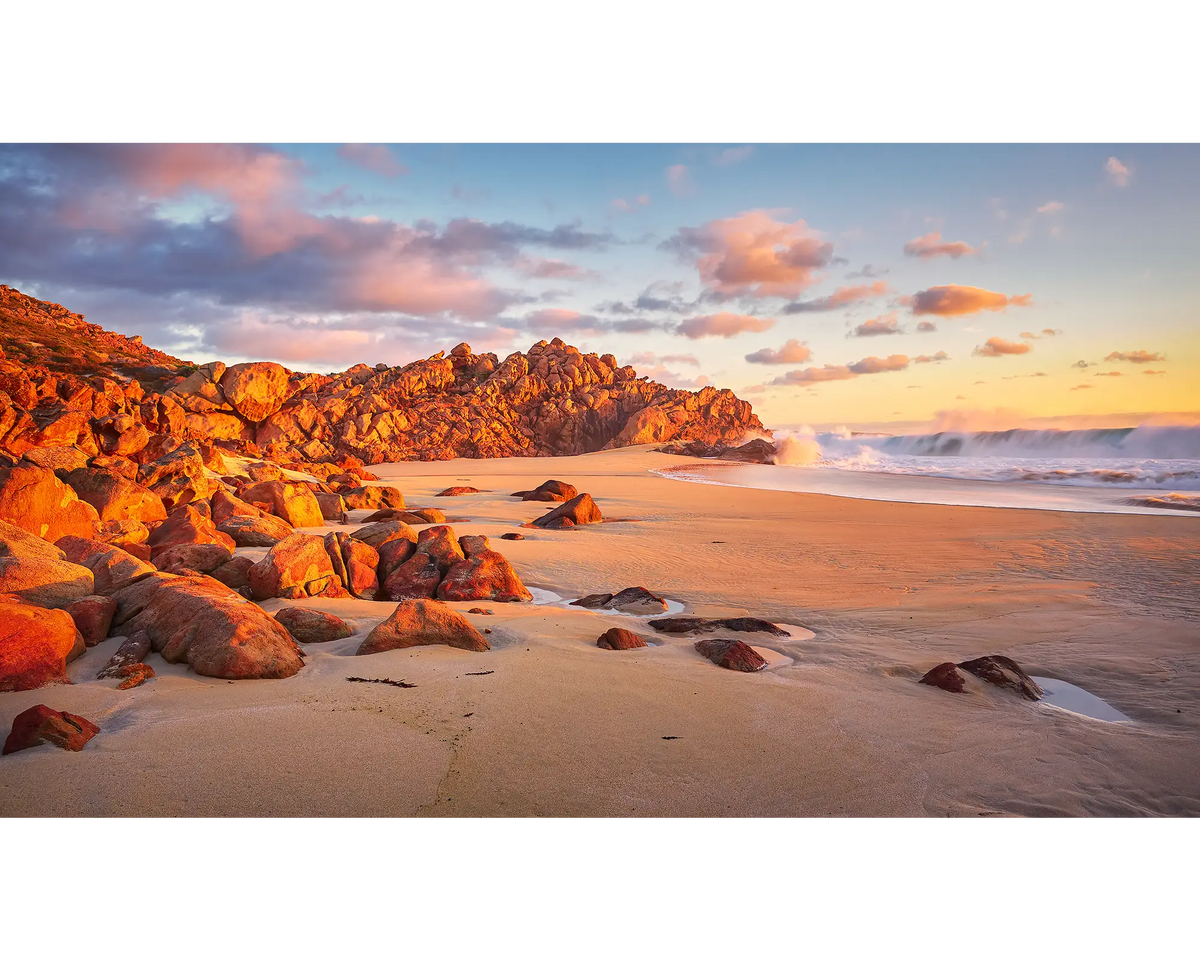 Wyadup beach at sunset, featuring a warm color palette.